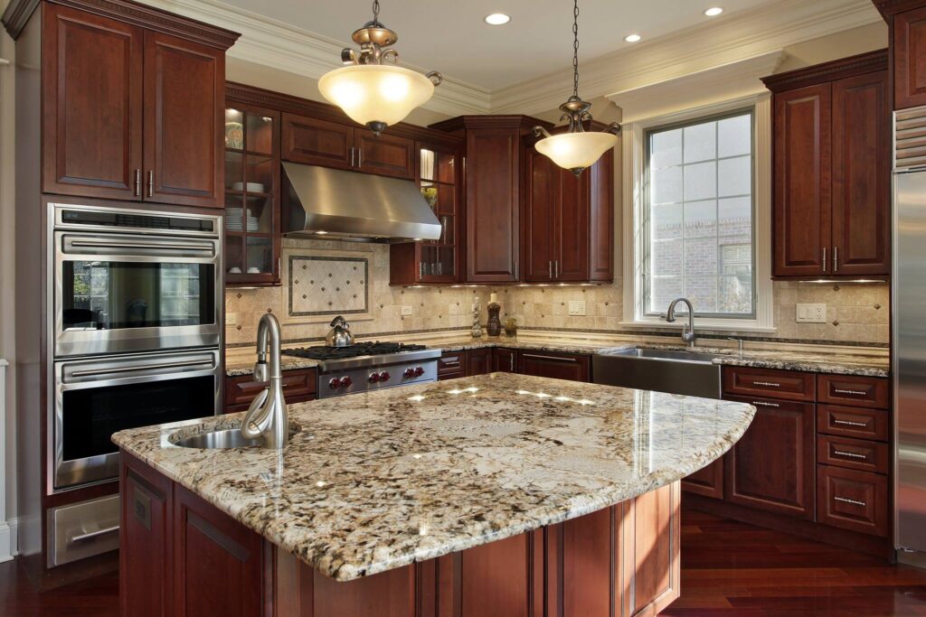 A marble slab in a brown kitchen with a natural pattern is light gray with dark gray streaks, slightly reflective.