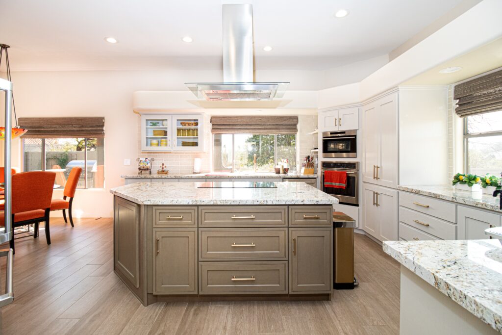 Modern kitchen island with white quartz countertop with Beautiful Brown Veins