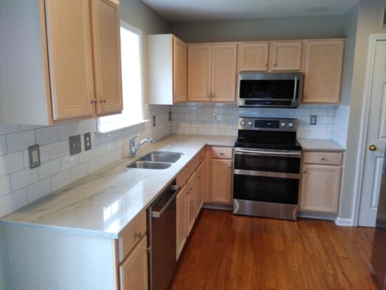 Quartzite countertops and backsplash in the kitchen