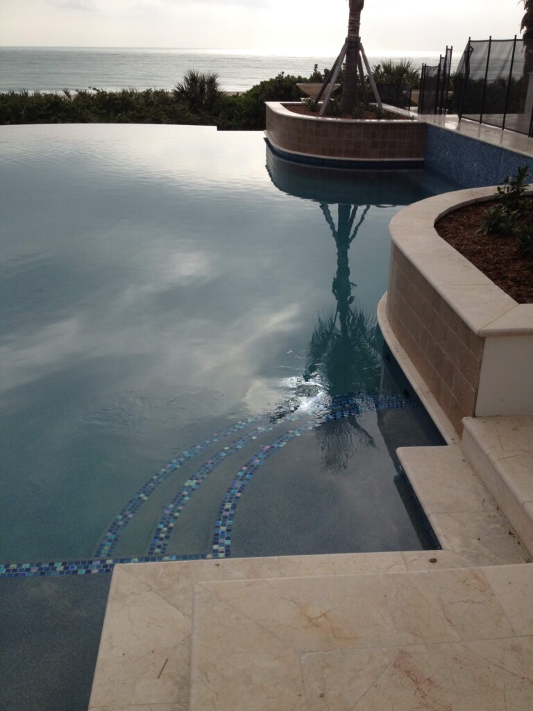 Calm pool water reflecting sky and a palm tree near a curved stone edge.