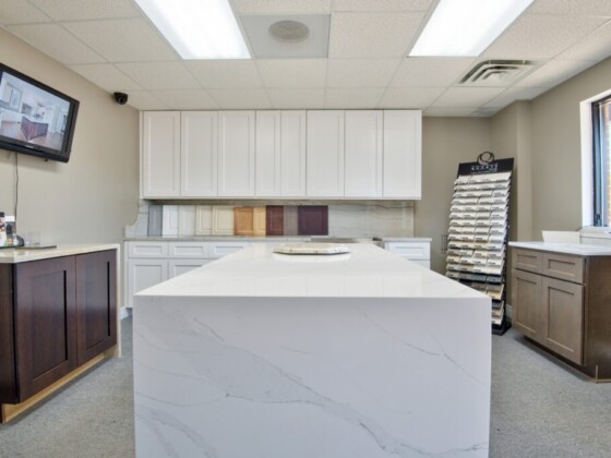 Television and quartz island in design showroom