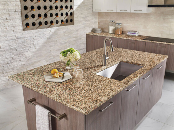Polished natural granite counter and faucet