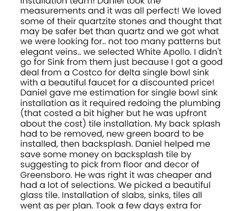 Text about choosing quartzite stone and sink installation details.