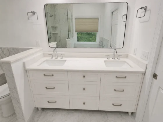 White Afyon marble double vanity in Chapel Hill bathroom