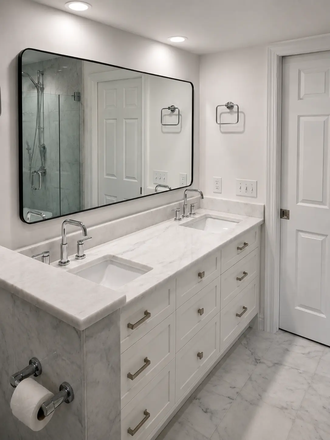 Angled view of the White Afyon Marble vanity countertop and White Carrara floor