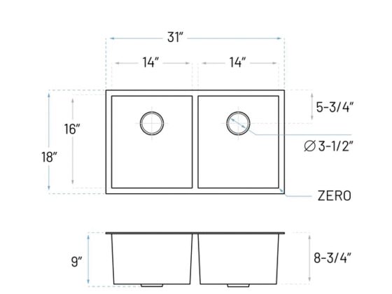 MUKH-3118-9-D-R0 sink side view dimensions