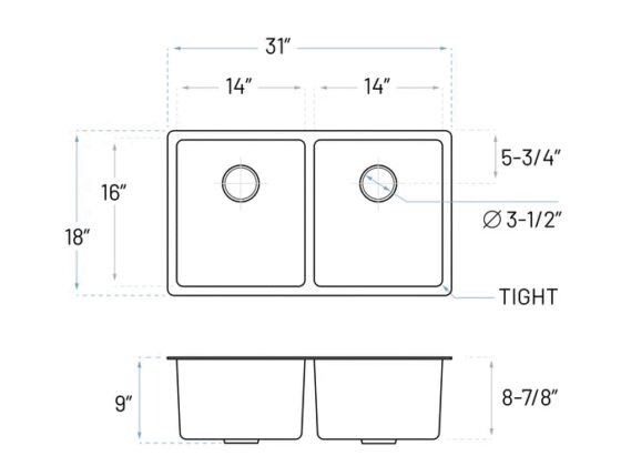 MUKH-3118-9-D-R20 sink side view dimensions