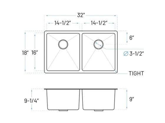 MUKH-3218-9-D-R20 sink side view dimensions