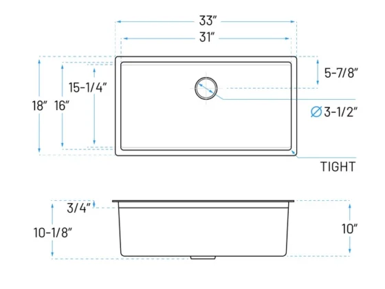 MUKHWS-3318-10-S-R15 sink side view dimensions