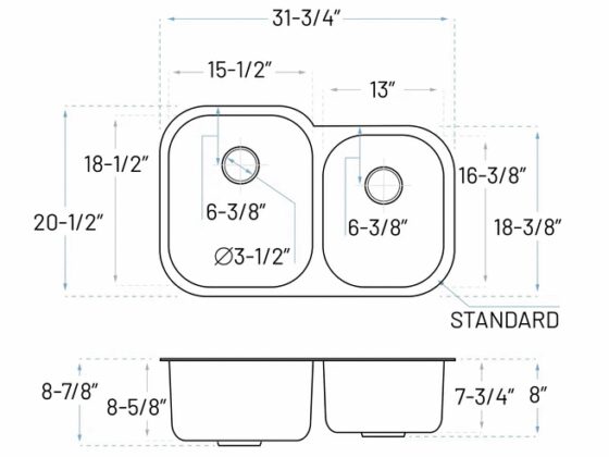 MUKSN-2132-9-D sink side view dimensions