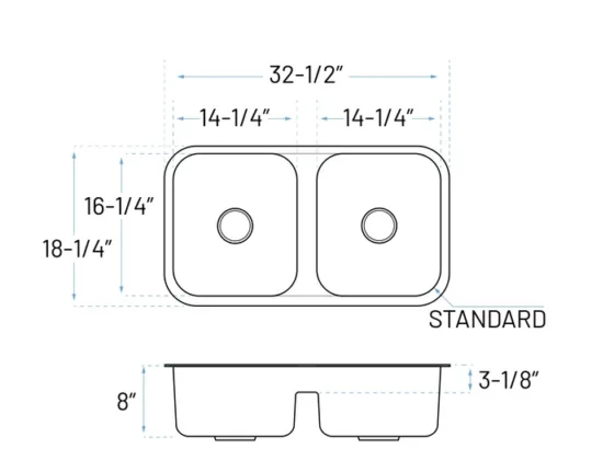 MULD-3218 sink side view dimensions