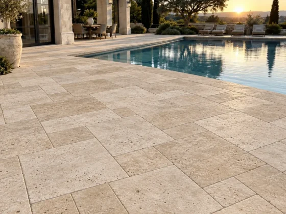 Classic Travertine tumbled French Pattern pavers around a swimming pool