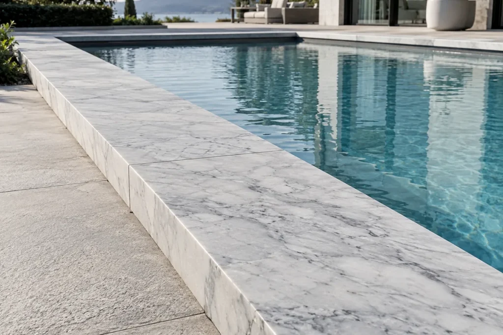 Grey Carrara Marble 14 x 48 sandblasted pool coping around a swimming pool