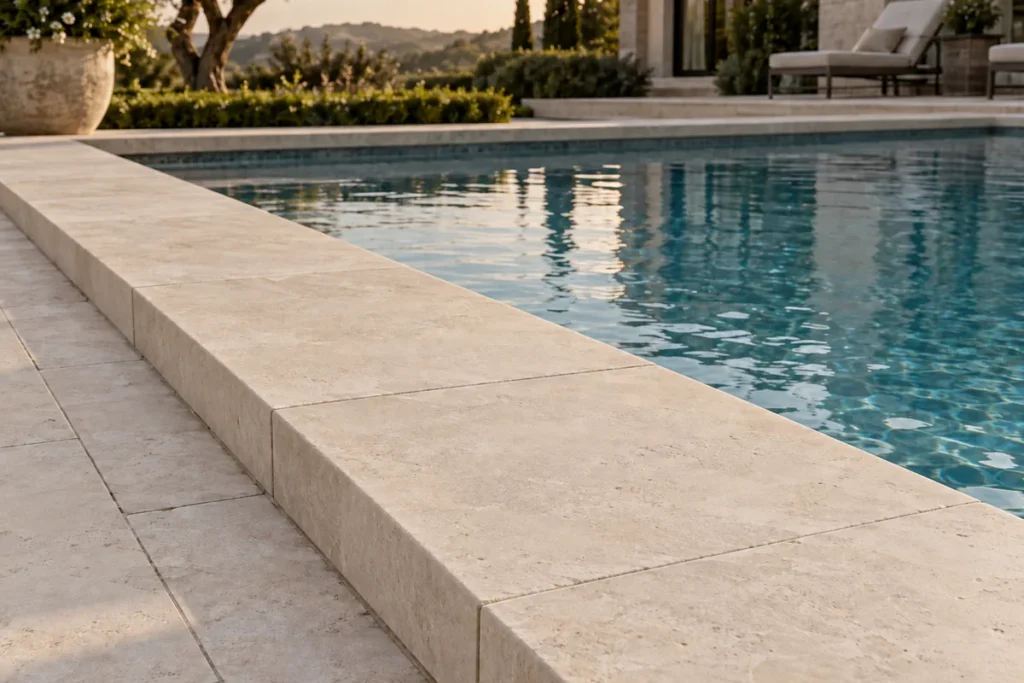 Ivory Limestone 12 x 24 tumbled pool coping around a swimming pool