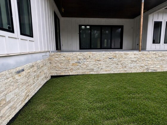 Rustic Crema Thin Veneer Limestone installed on a modern exterior wall
