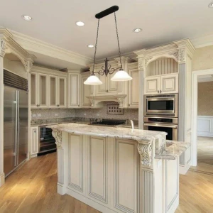 Ornate cream kitchen with carved marble island