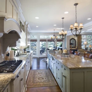 Chef's kitchen with gas range and island