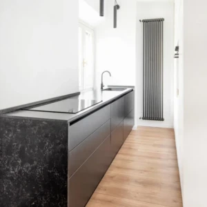 Minimalist kitchen with sleek black island