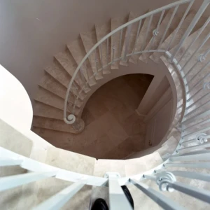 Top-down view of spiral staircase and railing