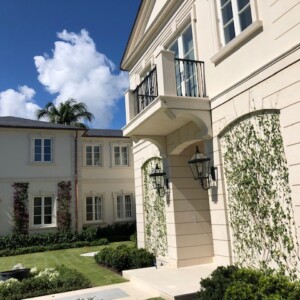 Elegant beige mansion with climbing ivy and a manicured lawn under a blue sky.
