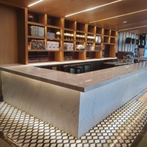 Marble bar countertop with illuminated shelving