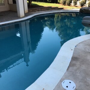 Clear swimming pool with a slide in a backyard setting.