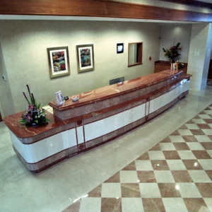 Hotel lobby with marble reception desk