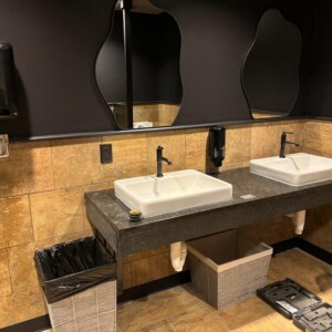 Double sink public restroom with mirrors