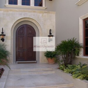 Elegant arched wooden door with marble steps and lush greenery.